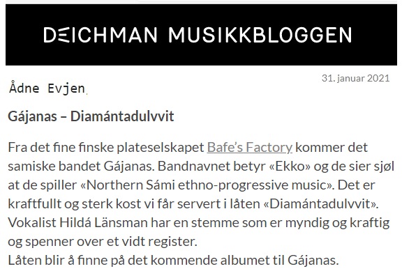 Deichman Musikkbloggen, (Norway), 31.1.2021
