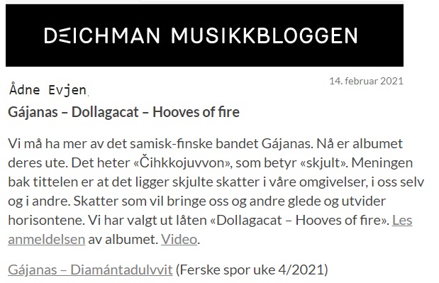 Deichman Musikkbloggen, (Norway), 14.2.2021