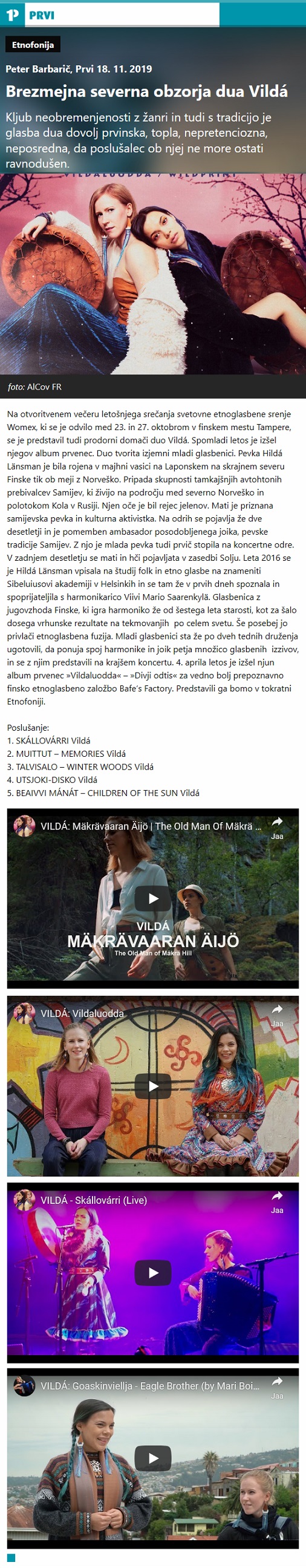 Radio PRVI, Etnofonija, Brezmejna severna obzorja dua Vildá (Slovenia), 18.11.2019